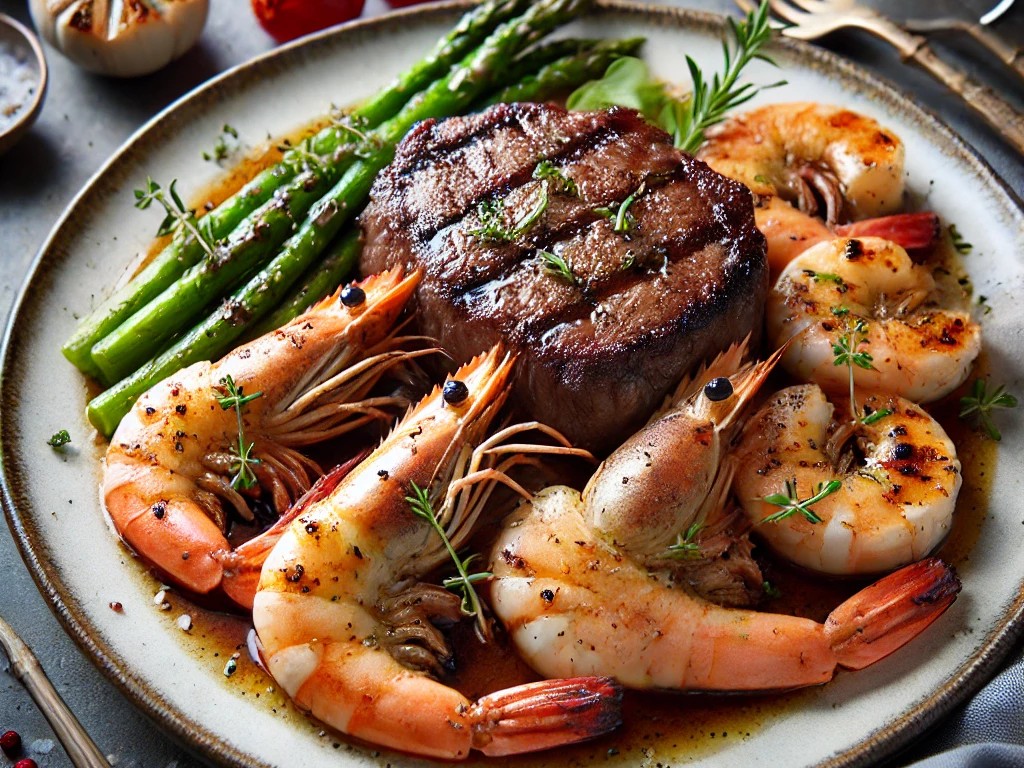 Grilled shrimp with beef steak