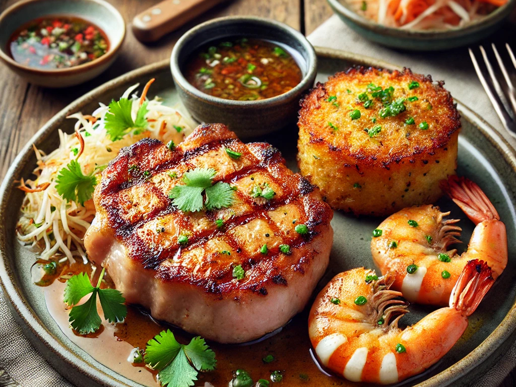 Grilled Pork Chop with Shrimp Cake