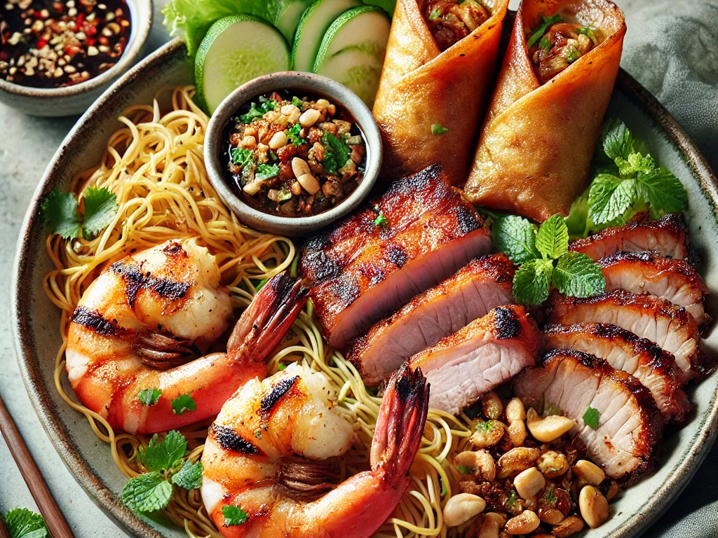 Grilled Shrimp, Pork & Egg Rolls with Noodles